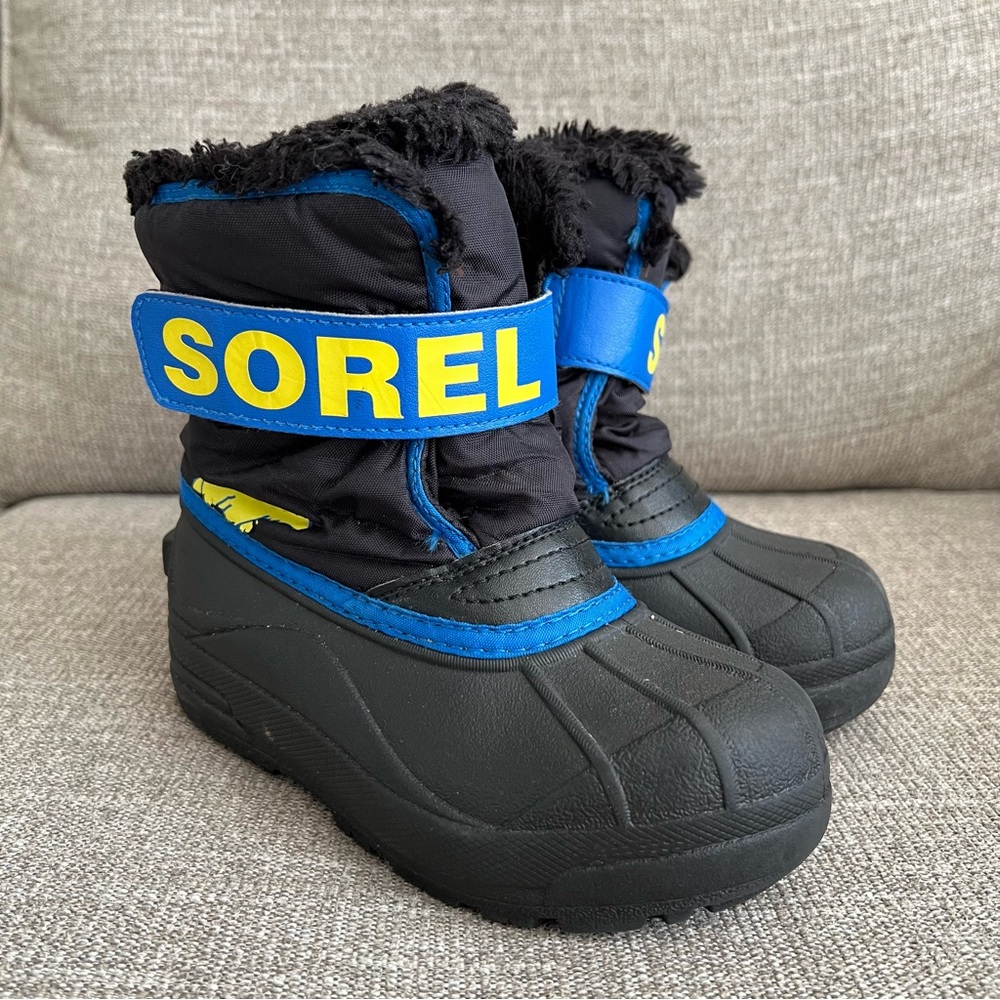 Kid’s Sorel Winter Snow Boots Toddler Boy 12 Black Blue Yellow Faux Fur - Picture 1 of 12